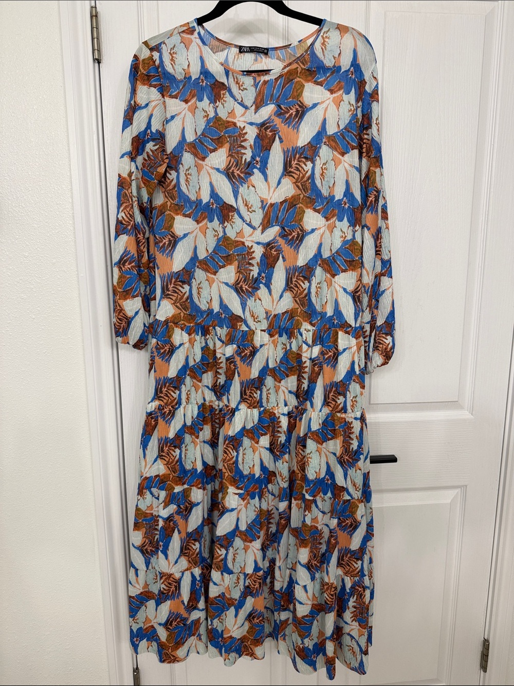 Zara Blue Tropical Print Tiered Midi Dress Long Sleeve Size Medium
